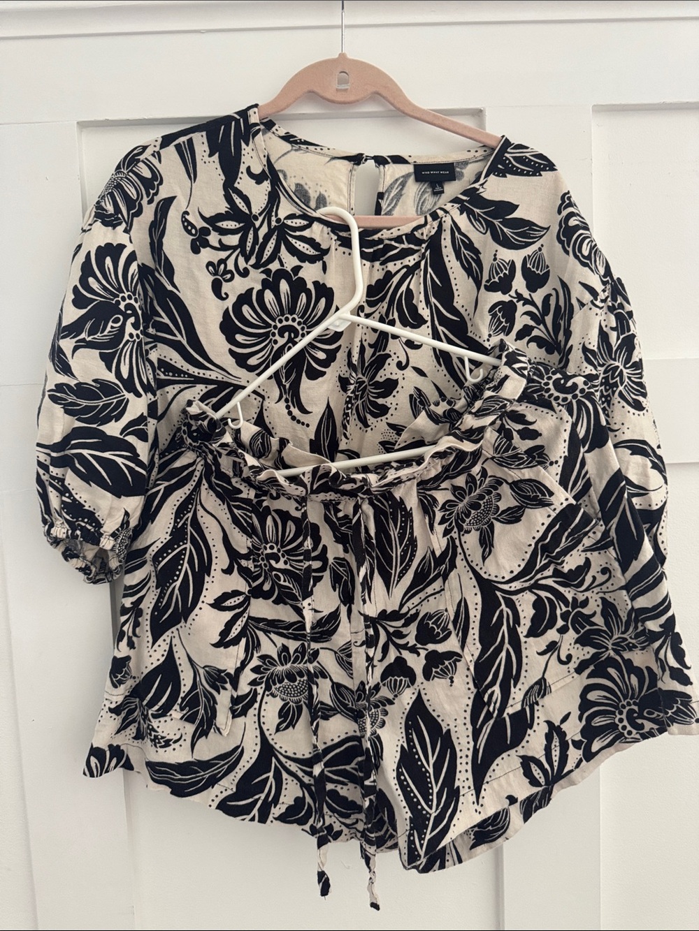 Who What Wear Black & Cream Floral Peasant Top and Short Set